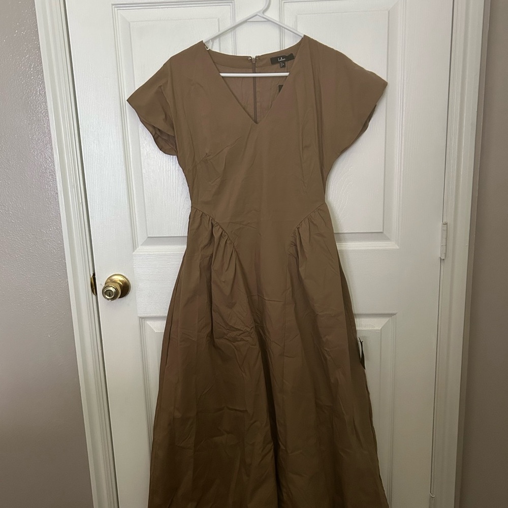 Lulu's Brown V-neck Dolman Sleeve Midi Dress